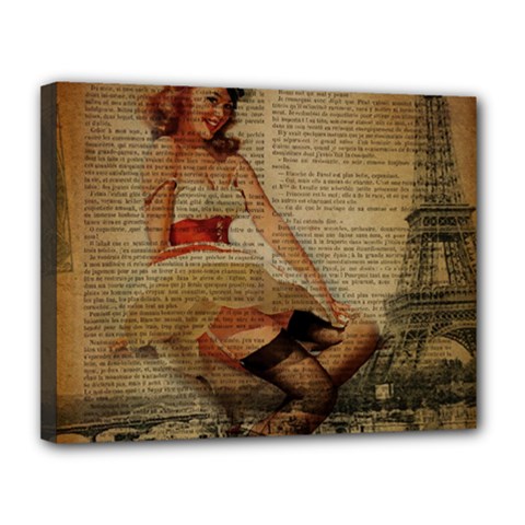 Cute Sweet Sailor Dress Vintage Newspaper Print Sexy Hot Gil Elvgren Pin Up Girl Paris Eiffel Tower Canvas 14  X 11  (framed) by chicelegantboutique