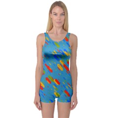 Colorful Shapes On A Blue Background Women s Boyleg Swimsuit by LalyLauraFLM