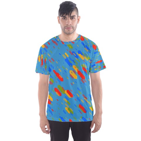 Colorful Shapes On A Blue Background Men s Sport Mesh Tee by LalyLauraFLM
