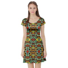 Colorful Tribal Geometric Pattern Short Sleeved Skater Dress by dflcprintsclothing