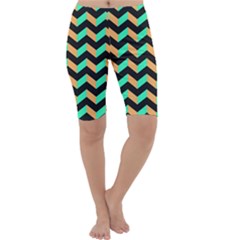 Neon And Black Modern Retro Chevron Patchwork Pattern Cropped Leggings  by GardenOfOphir