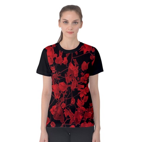 Dark Red Floral Print Women s Cotton Tee by dflcprintsclothing