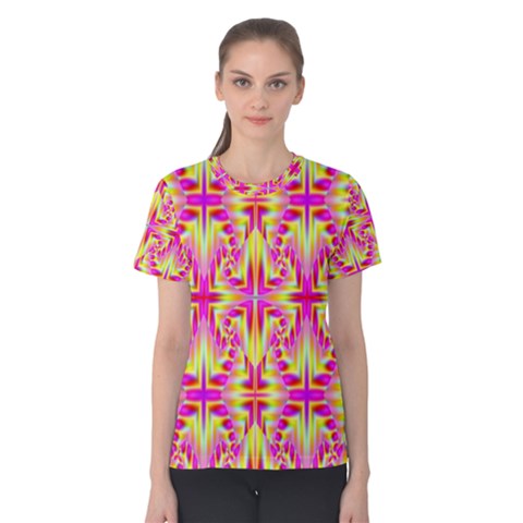 Pink And Yellow Rave Pattern Women s Cotton Tee by KirstenStar