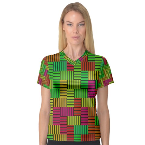Colorful Stripes And Squares Women s V-neck Sport Mesh Tee by LalyLauraFLM