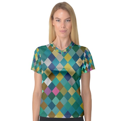 Rhombus Pattern In Retro Colors Women s V-neck Sport Mesh Tee by LalyLauraFLM