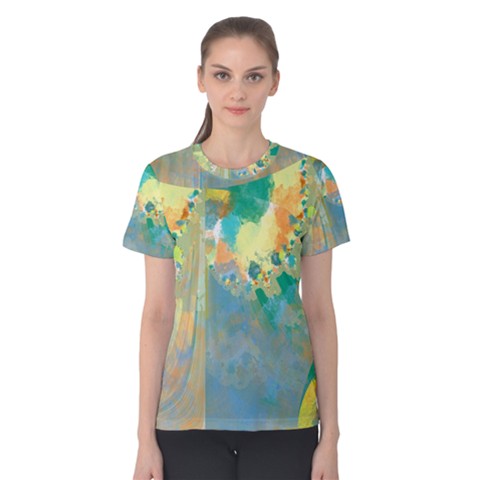 Abstract Flower Design In Turquoise And Yellows Women s Cotton Tees by digitaldivadesigns