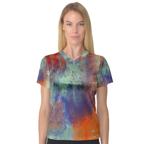 Abstract In Green, Orange, And Blue Women s V-neck Sport Mesh Tee by digitaldivadesigns