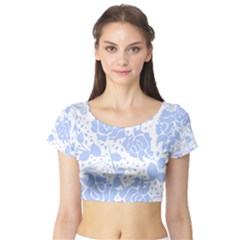 Floral Wallpaper Blue Short Sleeve Crop Top by ImpressiveMoments