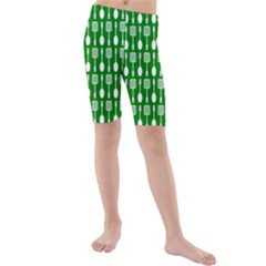 Green And White Kitchen Utensils Pattern Kid s Swimwear by GardenOfOphir
