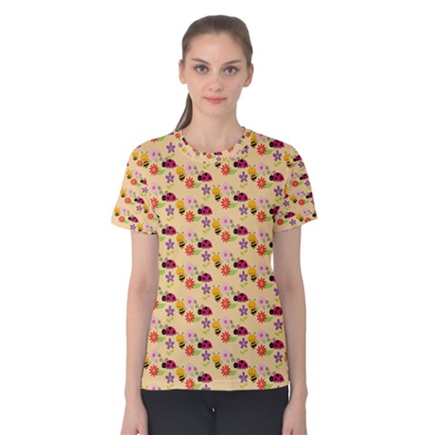Colorful Ladybug Bess And Flowers Pattern Women s Cotton Tees by GardenOfOphir