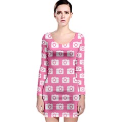 Pink Modern Chic Vector Camera Illustration Pattern Long Sleeve Bodycon Dresses by GardenOfOphir