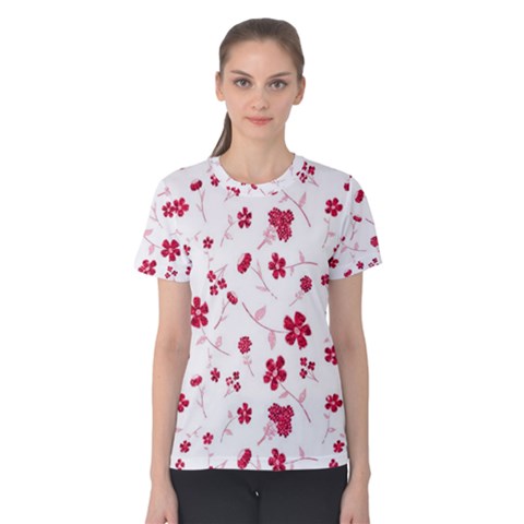 Sweet Shiny Floral Red Women s Cotton Tees by ImpressiveMoments
