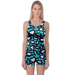 Turquoise Black Cheetah Abstract  Women s Boyleg One Piece Swimsuits by OCDesignss