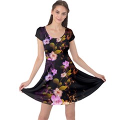 Awesome Flowers With Fire And Flame Cap Sleeve Dresses by FantasyWorld7