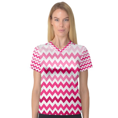 Pink Gradient Chevron Large Women s V-neck Sport Mesh Tee by CraftyLittleNodes