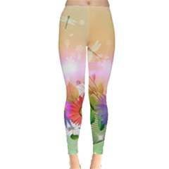 Wonderful Colorful Flowers With Dragonflies Women s Leggings by FantasyWorld7