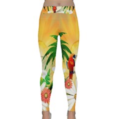 Cute Parrot With Flowers And Palm Yoga Leggings by FantasyWorld7