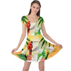 Cute Parrot With Flowers And Palm Cap Sleeve Dresses by FantasyWorld7