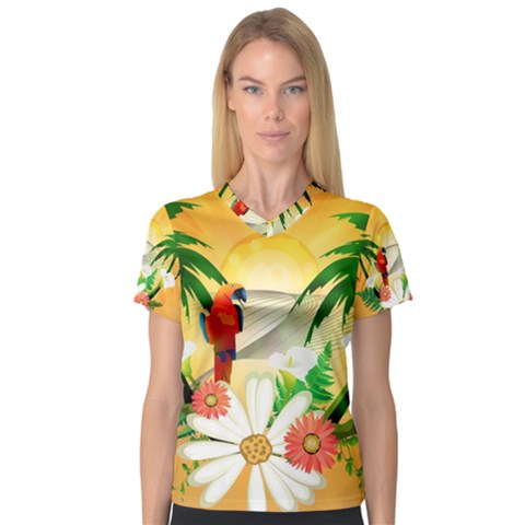 Cute Parrot With Flowers And Palm Women s V-neck Sport Mesh Tee by FantasyWorld7