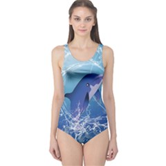 Cute Dolphin Jumping By A Circle Amde Of Water Women s One Piece Swimsuits by FantasyWorld7