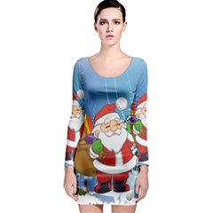 Funny Santa Claus In The Forrest Long Sleeve Bodycon Dresses by FantasyWorld7