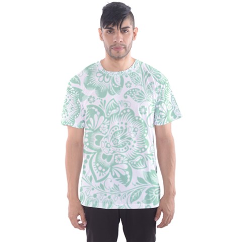 Mint Green And White Baroque Floral Pattern Men s Sport Mesh Tees by Dushan