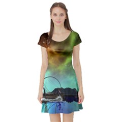 Fantasy Landscape With Lamp Boat And Awesome Sky Short Sleeve Skater Dresses by FantasyWorld7