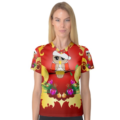 Funny, Cute Christmas Owl  With Christmas Hat Women s V-neck Sport Mesh Tee by FantasyWorld7