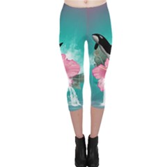 Orca Jumping Out Of A Flower With Waterfalls Capri Leggings by FantasyWorld7