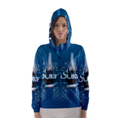 Surf, Surfboard With Water Drops On Blue Background Hooded Wind Breaker (women) by FantasyWorld7