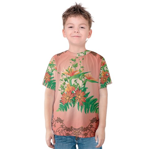 Awesome Flowers And Leaves With Floral Elements On Soft Red Background Kid s Cotton Tee by FantasyWorld7