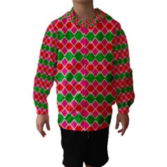 Red Pink Green Rhombus Pattern Hooded Wind Breaker (kids) by LalyLauraFLM