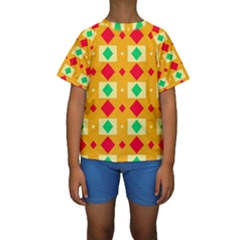 Green Red Yellow Rhombus Pattern  Kid s Short Sleeve Swimwear by LalyLauraFLM