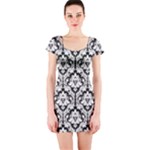 Black & White Damask Pattern Short Sleeve Bodycon Dress
