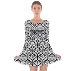 Black & White Damask Pattern Long Sleeve Skater Dress by Zandiepants