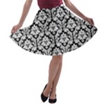 Black & White Damask Pattern A-line Skater Skirt