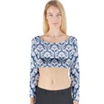 Navy Blue Damask Pattern Long Sleeve Crop Top (Tight Fit)