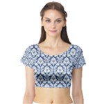 Navy Blue Damask Pattern Short Sleeve Crop Top (Tight Fit)