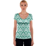 Emerald Green Damask Pattern Women s V-Neck Cap Sleeve Top