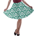 Emerald Green Damask Pattern A-line Skater Skirt