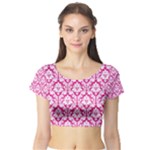 Hot Pink Damask Pattern Short Sleeve Crop Top (Tight Fit)