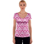 Hot Pink Damask Pattern Women s V-Neck Cap Sleeve Top