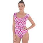 Hot Pink Damask Pattern Short Sleeve Leotard (Ladies)
