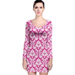 Hot Pink Damask Pattern Long Sleeve Velvet Bodycon Dress
