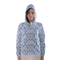 White On Light Blue Damask Hooded Wind Breaker (women) by Zandiepants