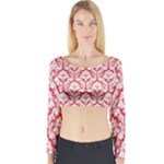 Poppy Red Damask Pattern Long Sleeve Crop Top (Tight Fit)