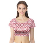Poppy Red Damask Pattern Short Sleeve Crop Top (Tight Fit)