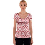 Poppy Red Damask Pattern Women s V-Neck Cap Sleeve Top