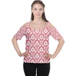 Poppy Red Damask Pattern Women s Cutout Shoulder Tee