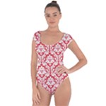 Poppy Red Damask Pattern Short Sleeve Leotard (Ladies)